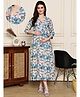 COLOR STUDIO Cotton Blend Woven Three Fourth Sleeves Leaves Printed Maternity Maxi Dress With Nursing Access - Teal Blue