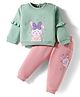 ToffyHouse Knitted Full Sleeves Winter Wear T-Shirt & Joggers Set with Bunny Patch Embroidery & Frill Detailing - Mint & Pink