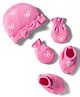Babyhug 100% Cotton Knit Cap Mittens & Booties Set With Bow Print Pink - Diameter 10 cm