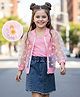 OLLINGTON ST. Mesh Printed Full Sleeves Floral Printed Jacket & Denim Skirt With Inner Knit Top - Pink & Blue