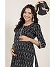 Zelena 100% Cotton Woven Three Fourth Sleeves Ikat Printed Maternity Kurti With Nursing Access - Black