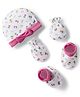 Babyhug 100% Cotton Interlock Knit Cap Mittens & Booties Set with Floral Print & Bow Applique White & Pink - Diameter 12 cm
