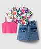 OLLINGTON ST. Chiffon Printed Half Sleeves Floral Printed Top & Denim Skirt With Inner Knit Top - Multicolor