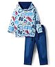 Babyhug Terry Knit Full Sleeves Hooded T-Shirt & Denim Jeans with Kangaroo Pocket & Sport Theme Print - Blue