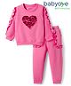 Babyoye 100% Cotton Knit Full Sleeves Winter Wear Suit Set With Sequin Heart & Frill Detailing - Pink