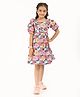 Zion Cotton Woven Half Puffed Sleeves Floral Printed Lace Detailed Dress - Navy Blue & Pink
