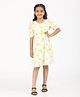 Zion Cotton Woven Half Puffed Sleeves Lemons Printed Lace Detailed Dress - Yellow