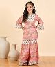 StyloBug Cotton Woven Three Fourth Bell Sleeves Floral Printed Gota Lace Embellished Kurti Sharara Set - Pink