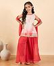 StyloBug Woven Sleeveless Ethnic Foil Motifs Printed Pleated Kurti Palazzo With Dupatta Set - Red