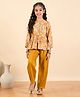StyloBug Woven Three Fourth Sleeves Floral Printed Peplum Kurti Pant Set - Yellow