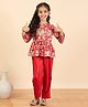 StyloBug Woven Three Fourth Sleeves Floral Printed Peplum Kurti Pant Set - Red