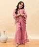 StyloBug Woven Bandhani Printed & Gota Lace Embellished Coordinating Top Palazzo WIth Three Fourth Sleeves Jacket Set - Peach