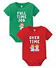 Baby Buzz Pack Of 2 100% Cotton Knit Twins Theme Half Sleeves Full Time Job & Over Time Text Printed Onesies - Red & Green