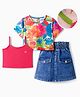 OLLINGTON ST. Chiffon Knit Floral Printed Half Sleeves Printed Top & Denim Skirt Set With Inner Knit Top - Dark Pink & Blue