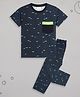 Sheer Love Cotton Jersey Knit Half Sleeves Fishes Printed Coordinating Night Suit Set - Navy Blue
