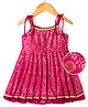 EARTHY TOUCH Woven Sleeveless Ethnic Dress with Floral Glitter Print & Lace Detailing - Dark Pink