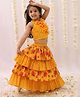 Lil' Drama Cotton Knit Sleeveless Floral Printed Coordinating Halter Neck Layered Lehenga Choli Set - Mustard