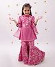 Lil' Drama Rayon Knit Three Fourth Sleeves Floral Foil Printed Gota Lace Embellished Coordinating Kurti & Sharara With Dupatta Set - Pink