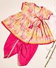 StyloBug Woven Half Puffed Sleeves Trees Printed & Lace Embellished Dhoti Kurti Set - Pink
