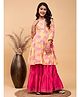 StyloBug Woven Three Fourth Sleeves Trees Printed Gota Lace Embellished Kurti & Sharara Set - Pink
