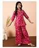 StyloBug Cotton Woven Three Fourth Sleeves Ethnic Printed Gota Lace Embellished Kurti Sharara Set - Dark Pink