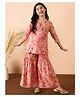 StyloBug Cotton Woven Three Fourth Sleeves Abstract Printed Gota Lace Embellished Kurti Sharara Set - Peach