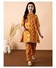 StyloBug Cotton Woven Three Fourth Sleeves Abstract Printed Gota Lace Embellished Kurti Pant Set - Yellow