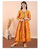 StyloBug Cotton Woven Three Fourth Sleeves Floral Printed & Gota Lace Embellished Kurti Pant Set - Mustard