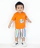 MASHUP Cotton Knit Half Sleeves Teddy Patch Detailed Hooded Tee With Pique Striped Shorts Set - Orange