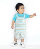 MASHUP Cotton Knit Striped Dungaree With Half Sleeves Animals Printed Tee Set - Sky Blue
