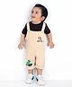 MASHUP Cotton Lycra Dinosaur Patch Detailed Dungaree With Cotton Knit Half Sleeves Text Printed Tee Set - Khaki