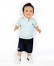 MASHUP Cotton Knit Half Sleeves Striped Tee With Cotton Denim Patch Detailed Shorts Set - Sky Blue