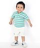 MASHUP Cotton Knit Half Sleeves Striped Tee With Cotton Lycra Solid Shorts Set - Green