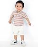 MASHUP Cotton Knit Half Sleeves Striped Tee With Cotton Lycra Solid Shorts Set - Peach