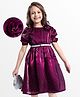 Hola Bonita Woven Ruched  Half Sleeves Shimmer Party Dress with Floral Applique & Belt- Wine