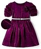 Hola Bonita Woven Ruched  Half Sleeves Shimmer Party Dress with Floral Applique & Belt- Wine