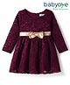 Babyoye Woven Lace Fabric Full Sleeves Party Dress with Bow Applique & Embroidery - Maroon