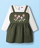 Babyhug Cotton Knit Floral Embroidered Frock with Full Sleeves Inner Tee - Olive Green & White