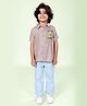 Kiddopanti Cotton Woven Half Sleeves Textured Little Star Big Dream Text Puff Printed Shirt & Jeans Set - Sand & Ice Wash