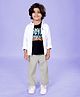 Kiddopanti Cotton Woven Half Sleeves Solid Shirt & Cargo Pants With Skate Time Text Printed Tee Set - White Black & Light Green