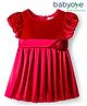 Babyoye Satin Velour Woven Half Puffed Sleeves Party Dress with Floral Applique - Red