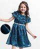 Hola Bonita Woven Frill Sleeves Shimmer Party Dress with Belt & Frill Detailing - Teal Blue