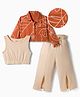 OLLINGTON ST. Cotton Knit Full Sleeves Printed Jacket With Inner Top & Trouser Set - Rust Orange & Beige