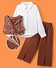 OLLINGTON ST. Cotton Knit Full Sleeves Floral Printed Waist Coat & Knit Culottes With Inner Satin Shirt - White & Brown