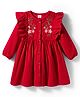 Babyhug Cotton Knit Full Sleeves Front Open Frock With Floral Embroidery & Frill Detailing - Red