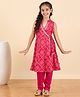 StyloBug Woven Sleeveless Bandhani Printed & Gota Lace Embellished Kurti Pant Set - Magenta