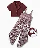 OLLINGTON ST. Cotton Knit Half Sleeves Jacket Top & Printed Dungaree - Brown & Multicolor