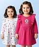 Doodle Poodle Cotton Knit Full Sleeves Frocks with Floral Print & Frill Detailing Pack Of 2- Dark Pink & White
