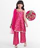 EARTHY TOUCH Woven Sleeveless Kurti Salwar Set with Dupatta Floral Embroidery & Glitter Print - Dark Pink