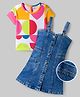 Ollington St. Cotton Half Sleeves Printed Top & Denim Pinafore - Multicolor & Blue